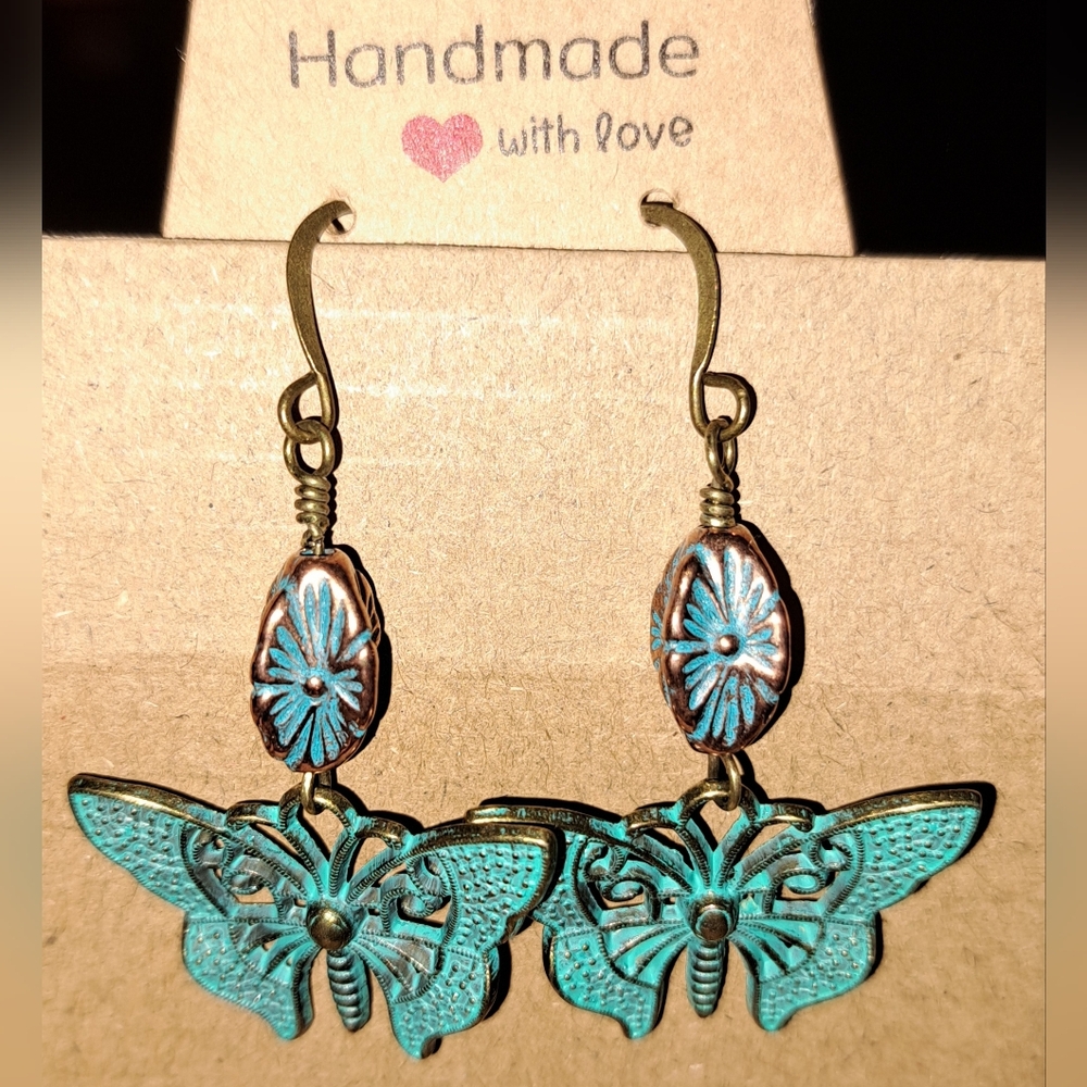 Handmade Boho Green Patina Bronze  Butterfly Dangle Earrings